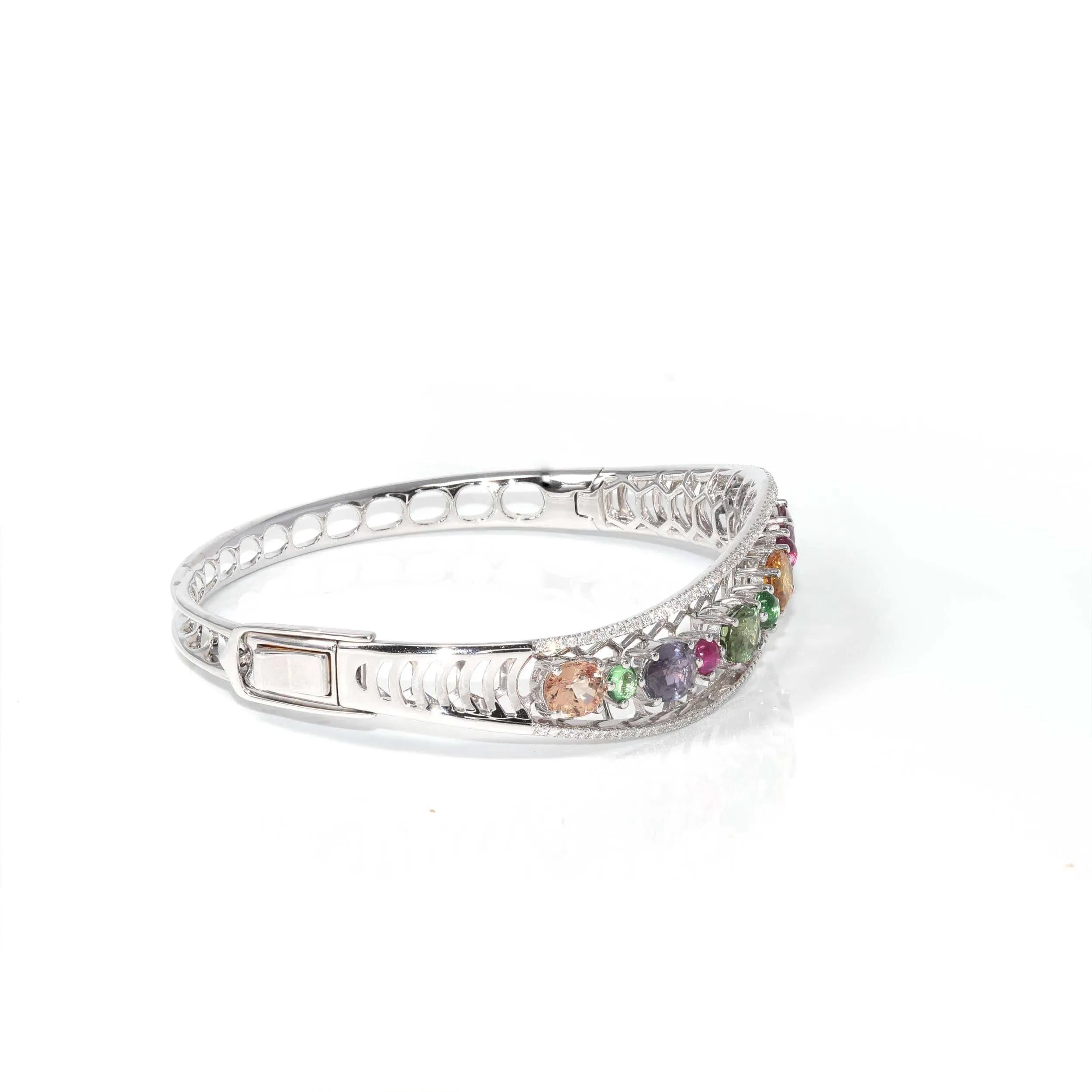 Baikalla 18K White Gold Multi-Color Sapphire Diamond Hinge Bangle Bracelet