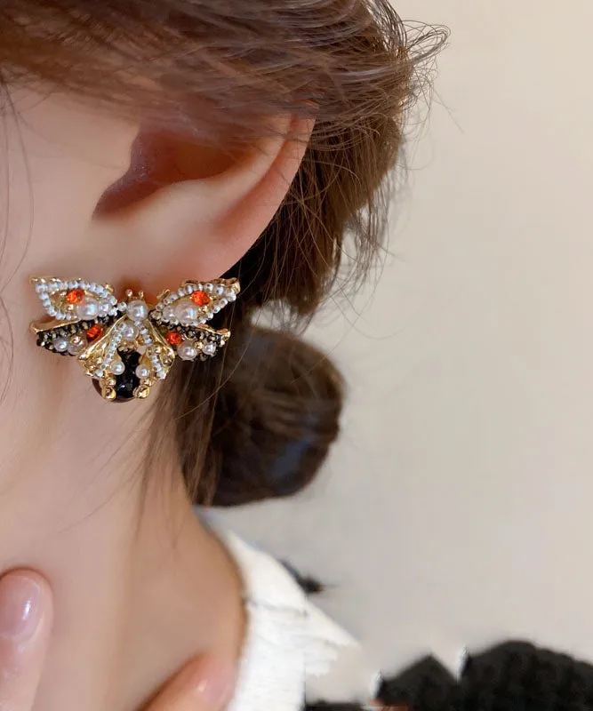 Handmade Copper Zircon Pearl Butterfly Stud Earrings LY9205