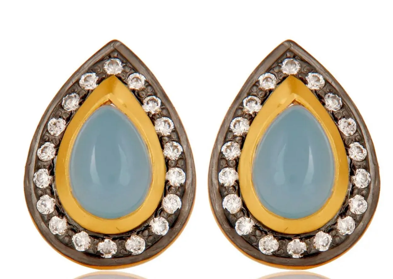 Pear-Shaped Aqua Chalcedony Pave Gemstone Earrings